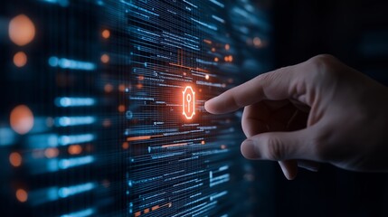 Hand interacts with digital cyber security interface displaying data encryption and protection symbols at night