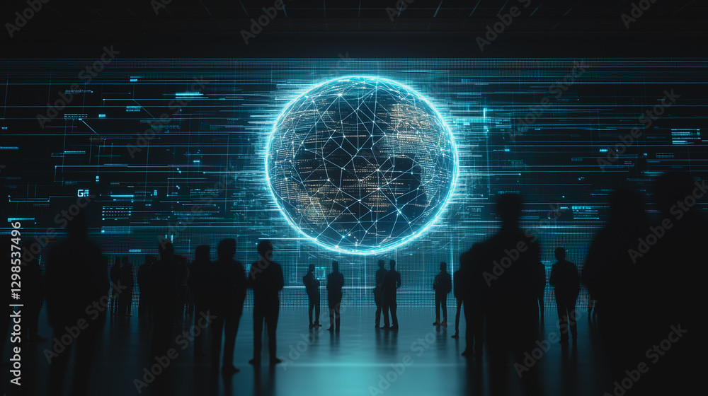 Poster global connection: silhouetted individuals stand before a holographic representation of the globe, a