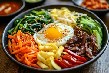 Colorful korean bibimbap with beef, vegetables, and fried egg garnished with sesame seeds