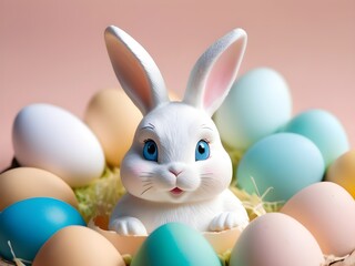 white easter bunny in shell looking straight at camera in pastel colors. Happy easter day concept and idea.