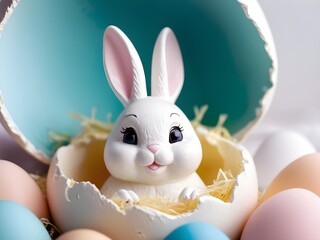 white easter bunny in shell looking straight at camera in pastel colors. Happy easter day concept and idea.