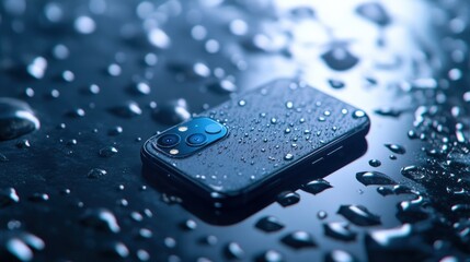 Smartphone waterproof, lying on wet surface covered in droplets.