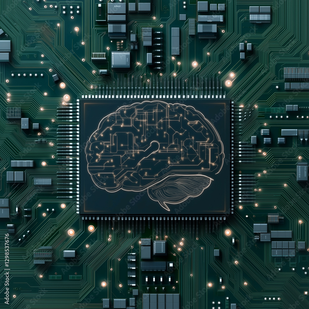 Poster ai brain on circuit board: a mesmerizing close-up of a computer circuit board with a stylized brain 