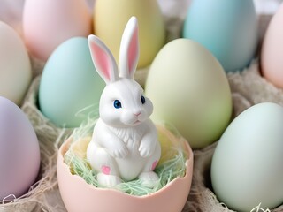 white easter bunny in shell and many small easter colorful eggs around in pastel colors. Happy easter day concept and idea.