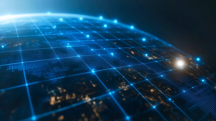 Naklejka premium Global Network Connectivity: A captivating visual representation of global interconnectedness, with a glowing grid overlaying the Earth.