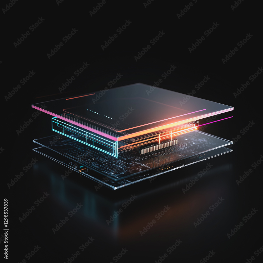 Poster layered technology: an abstract composition of illuminated transparent layers, suggestive of advance