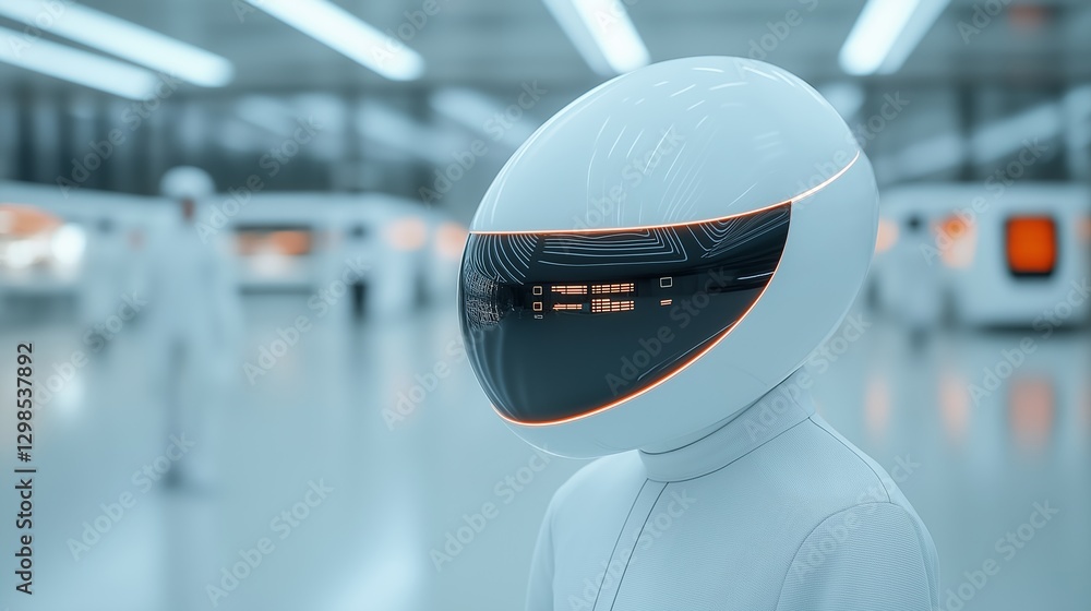 Poster futuristic humanoid robot with glowing visor in a high-tech environment showcasing advanced technolo