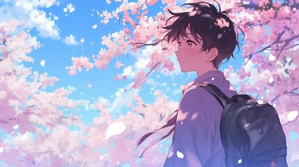 Obraz premium A Schoolboy with a Backpack Admiring the Falling Sakura Petals