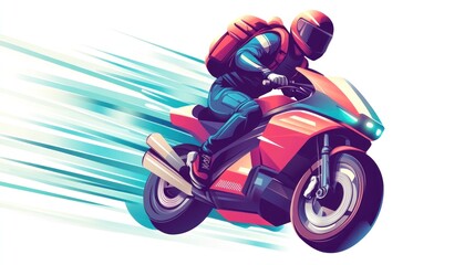 Rider speeds on motorcycle; motion streaks, modern cartoon style against white background