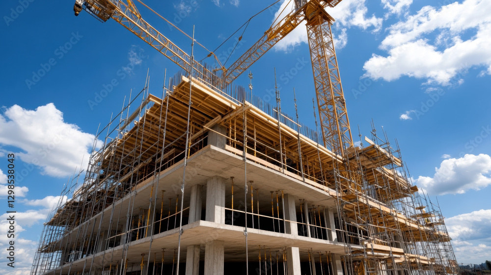 Poster scaffolding, a crane lifting scaffolding materials to a higher level in a high-fidelity image.