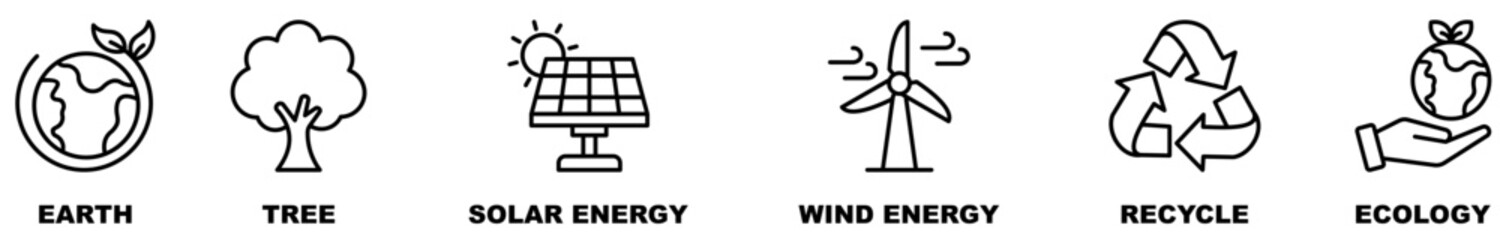 Environment banner web icon vector illustration concept with icon of earth, tree, solar energy, wind energy, recycle, ecology