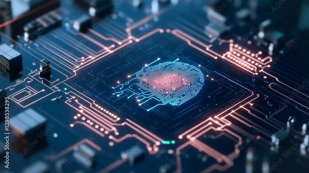 Poster cybernetic brain: a glowing digital brain, at the heart of an intricate circuit board, representing 