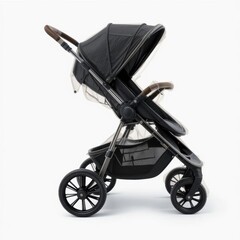 Fototapeta premium Black stroller with rain cover and storage