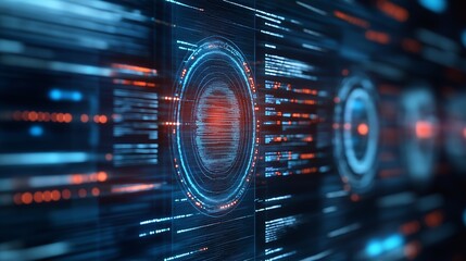 Obraz premium Digital abstract art featuring glowing circular patterns and data streams in a futuristic design