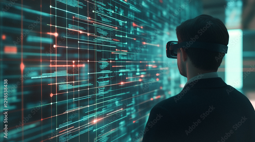 Aufkleber exploring the digital realm: a person immersed in a virtual reality experience, gazing upon a dynami