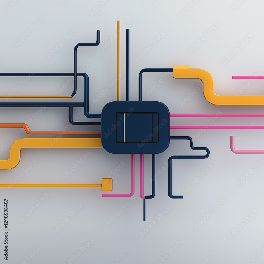 Poster technological core: an abstract digital design of a central processing unit, with colorful lines ext