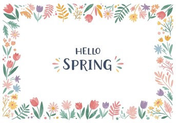 Fototapeta premium Spring floral design, pastel colors, delicate flowers, hand-drawn style, whimsical botanical illustrations, colorful leaves, tulips, daisies, greeting cards, square format