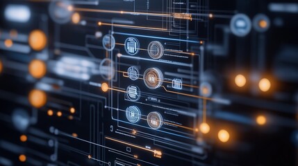 Obraz premium Complex digital data visualization featuring interconnected nodes and glowing circuits in a tech environment