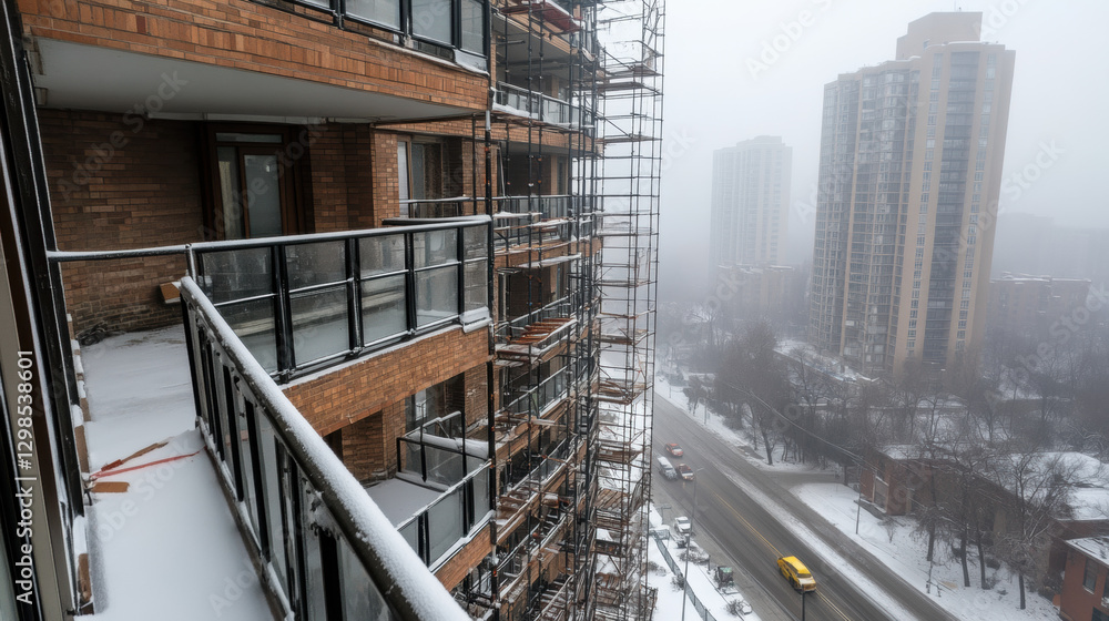 Poster scaffolding, a foggy morning view showcasing scaffolding in a high fidelity image.