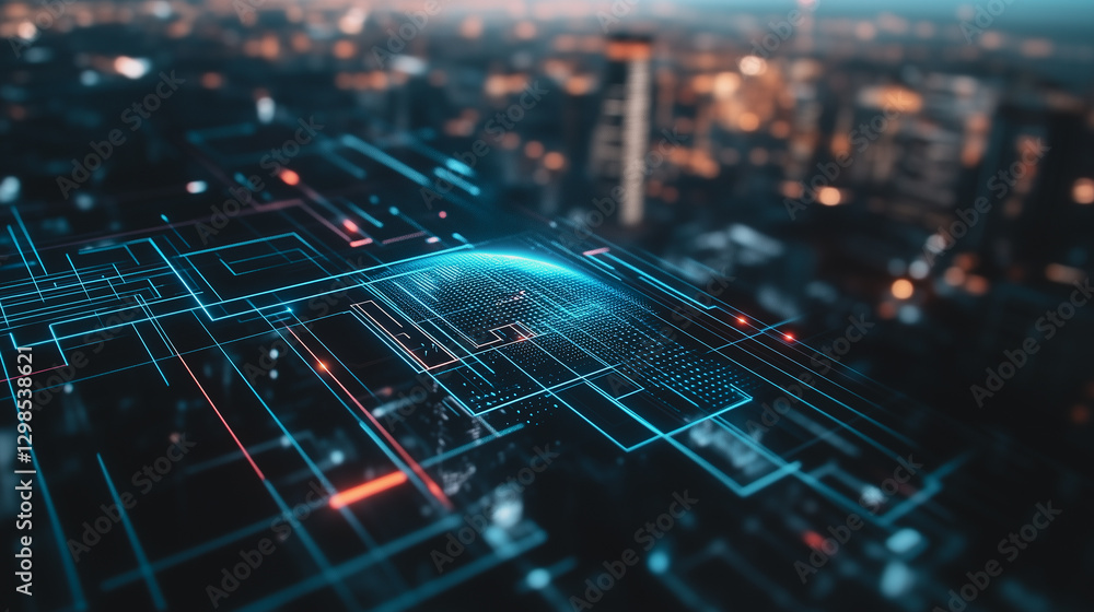 Poster digital city: a captivating futuristic cityscape illustration with an intricate network of interconn