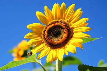 Naklejka premium Vibrant sunflower blooming under clear blue sky with bee on leaf