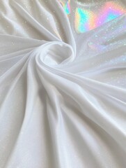 A close-up of white shimmering fabric, featuring a soft texture with iridescent sparkles, This versatile image can be used for fashion, decor, or artistic projects,