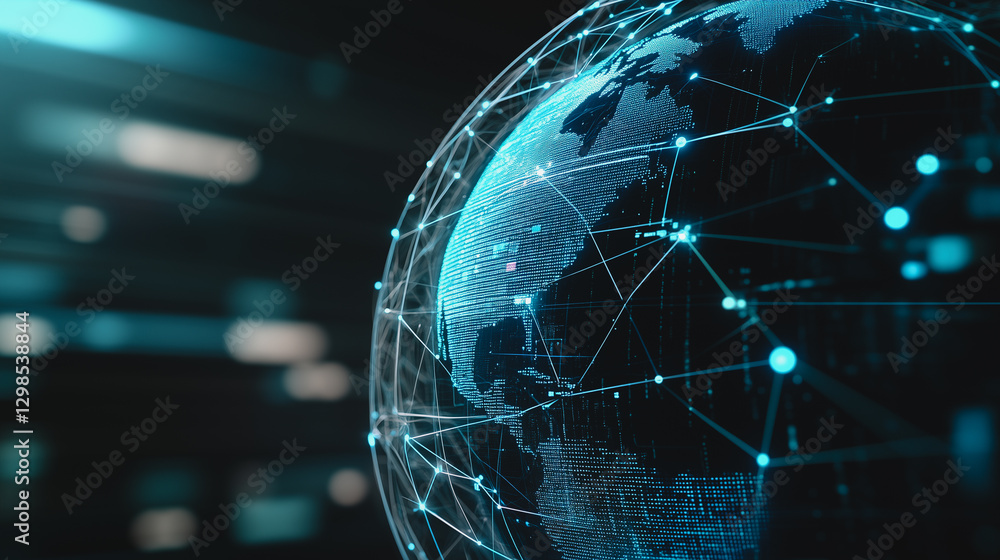 Poster global connectivity: a digital rendering of the earth, interwoven with a network of luminous lines a