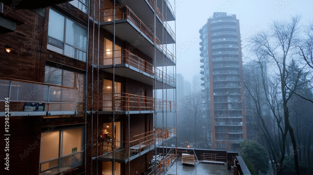 Poster scaffolding, foggy morning view of scaffolding with a soft focus in high fidelity resolution.