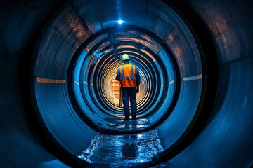 Worker in orange vest exploring illuminated underground tunnel at night