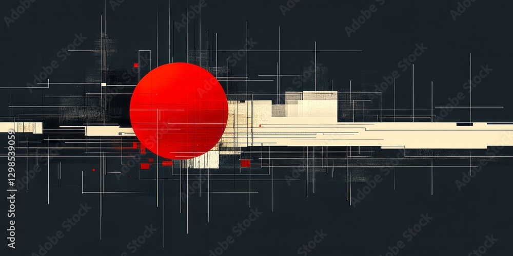 Poster abstract geometric composition features a bold red circle element