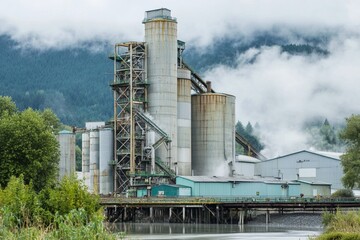 Industrial plant in misty forest landscape by the water