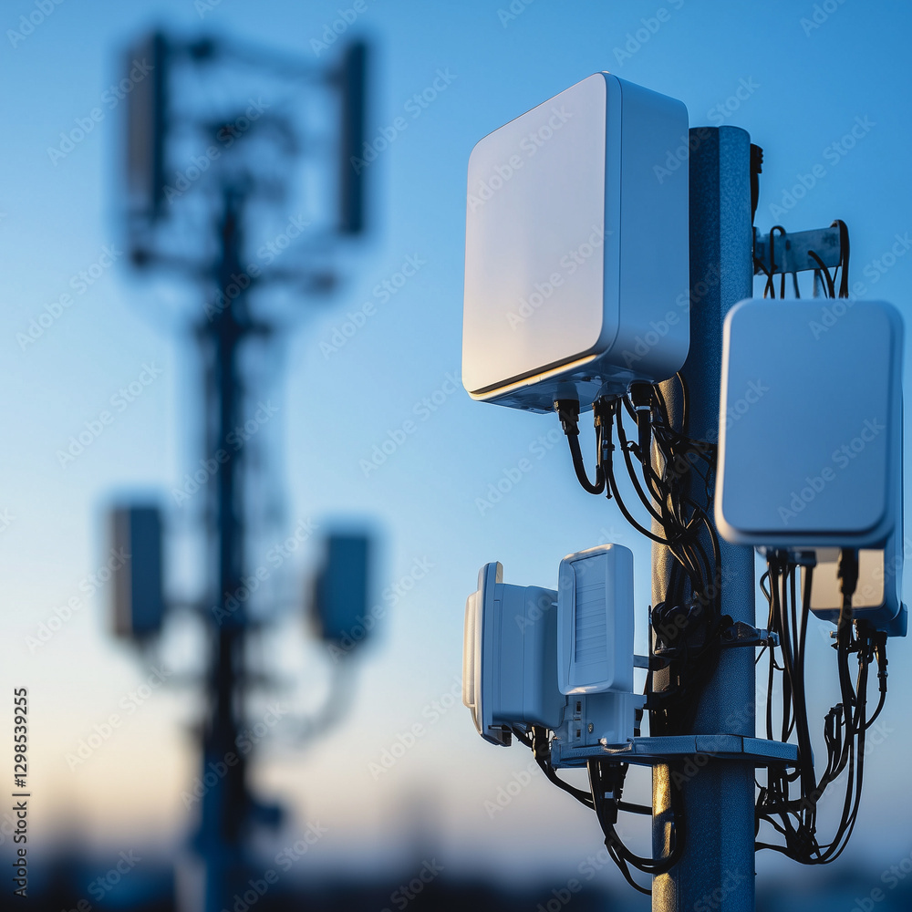 Poster connectivity in focus: modern cell towers reach towards the sky, the image shows a network of commun