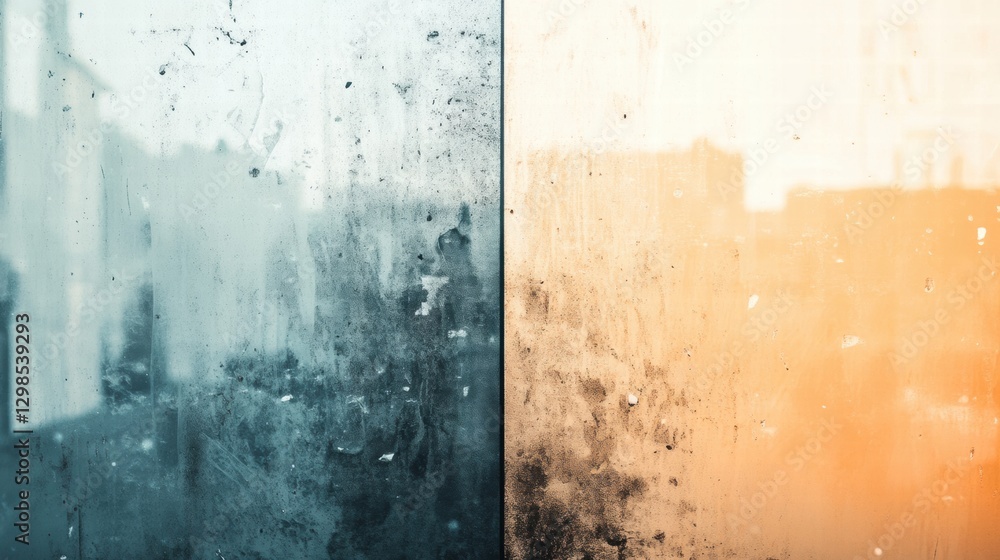 Poster contrast of textures between a rainy window and a sunset view in an urban environment during evening