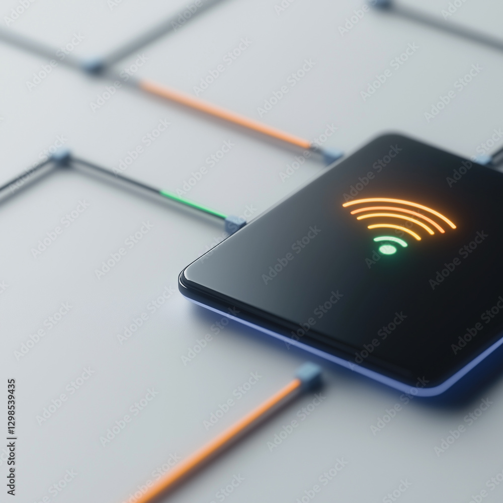 Poster wireless connectivity: futuristic image of a smart phone with a glowing wifi symbol, illustrating th