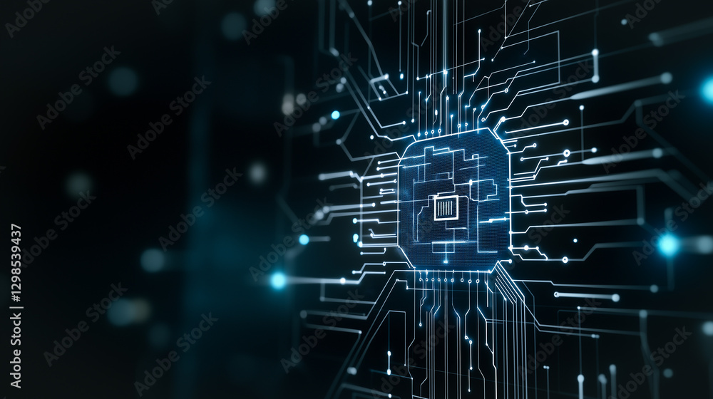 Poster tech frontier: a detailed close-up captures the complex circuitry of a computer processor, glowing b