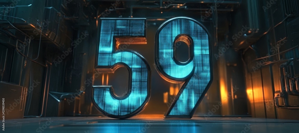 Aufkleber digital number 59 in futuristic style on abstract high tech background with blue neon lights