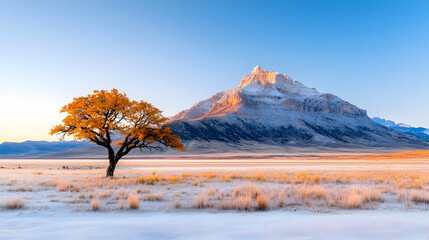 Lone autumn tree, snow-covered plain, majestic mountain sunrise, scenic landscape