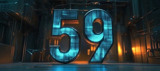 Digital Number 59 in Futuristic Style on Abstract High Tech Background with Blue Neon Lights