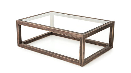 A glass coffee table with a wooden frame