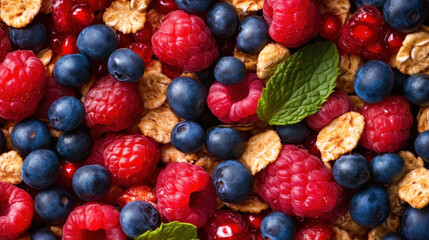 Fresh berries and granola create vibrant and healthy breakfast option, featuring raspberries, blueberries, and mint leaves for refreshing touch