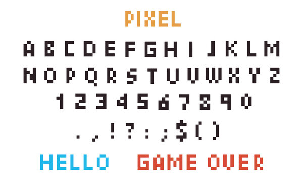 Set of pixel art font and elements. Alphabet symbols, letters and numbers units. Computer retro game 8 bit effect. 2D sprite sheet