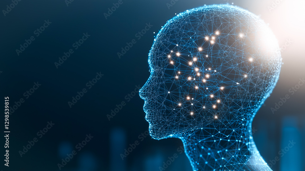Poster digital mind: a holographic human head profile is illuminated by neural networks and sparkling conne