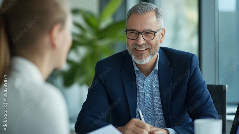 Aufkleber smiling man engaging in a conversation during a business meeting in a modern office setting