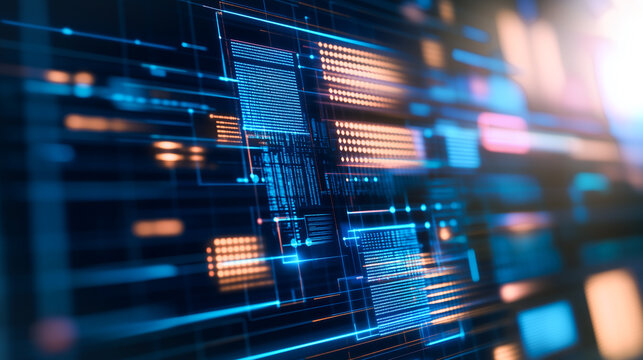 Digital Blueprint: A cutting-edge digital blueprint pulses with intricate details and vibrant lights, symbolizing technological advancement and the interconnectedness of our modern world.
