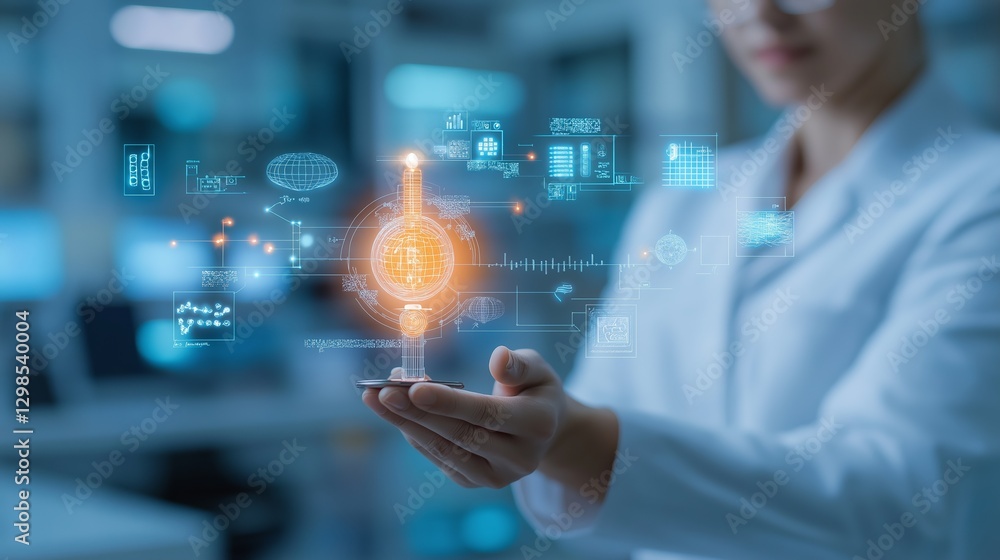 Poster innovative scientist displaying holographic technology in a modern laboratory setting during daytime