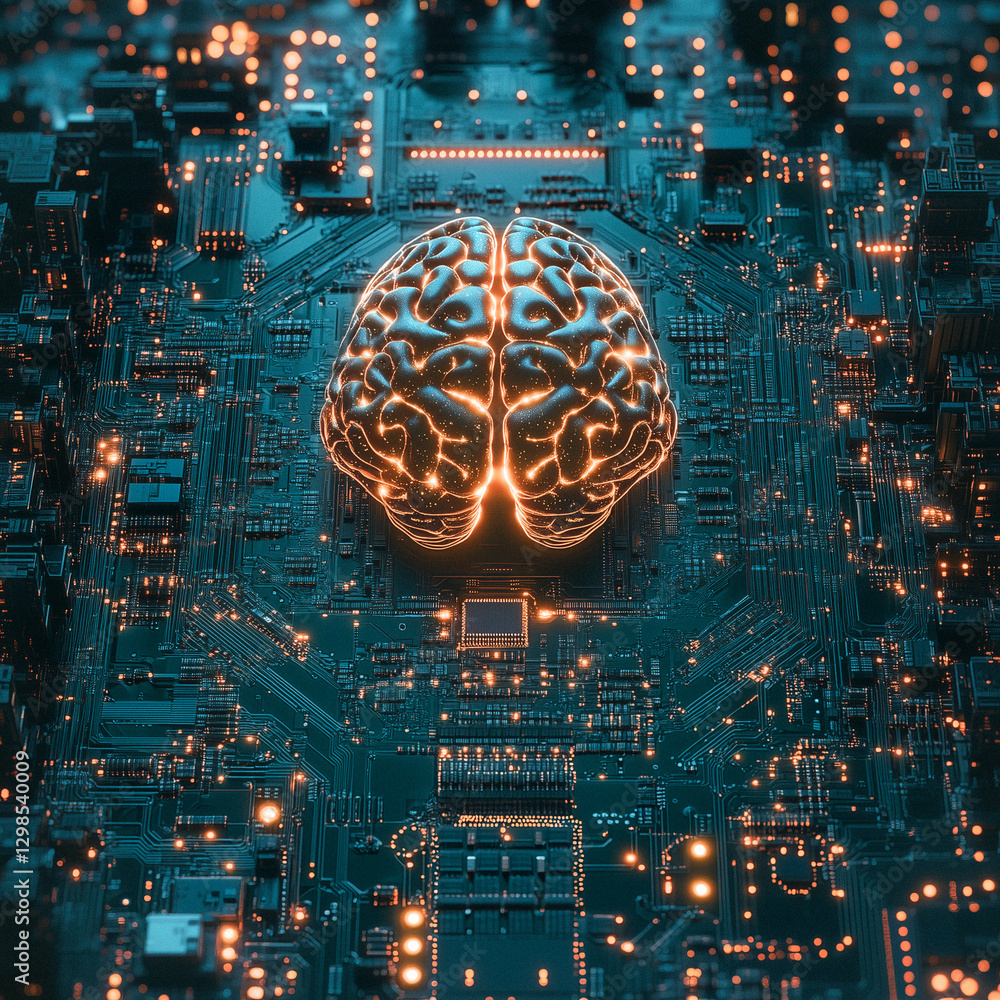 Poster digital brain: a conceptual digital representation of a human brain overlaid on a circuit board, emp