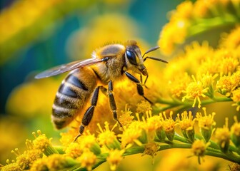 Macro view:  Goldenrod flower, buzzing bee in focus.