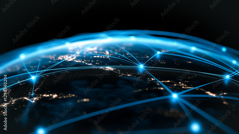 Poster digital global connectivity: the world is interlaced with a web of luminous connections, highlightin