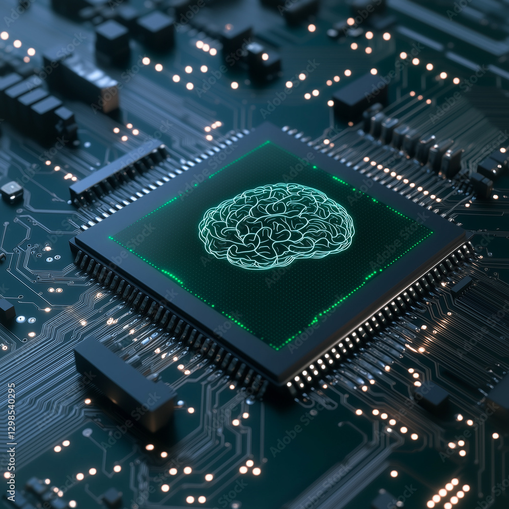 Poster digital brain: an integrated circuit with a glowing brain, representing artificial intelligence, dee