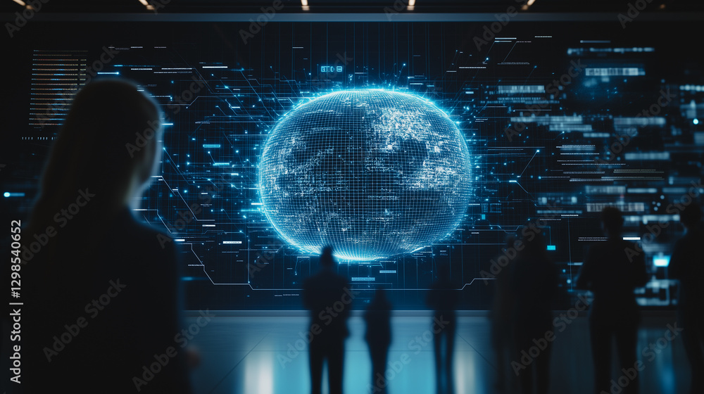 Aufkleber digital frontier: a group of people observe a large, illuminated data sphere, bathed in blue light, 